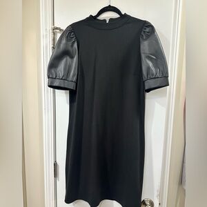 Ann Taylor A-Line black dress faux leather sleeve (L)